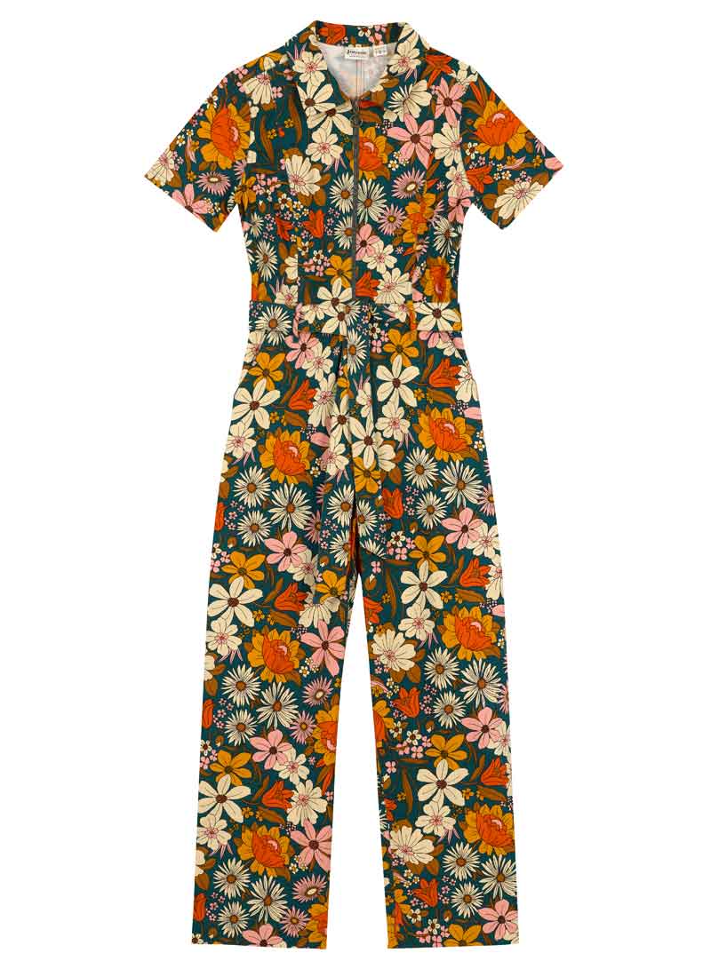 Mork Retro Floral Print Short Sleeve Boilersuit Vintage-Inspired