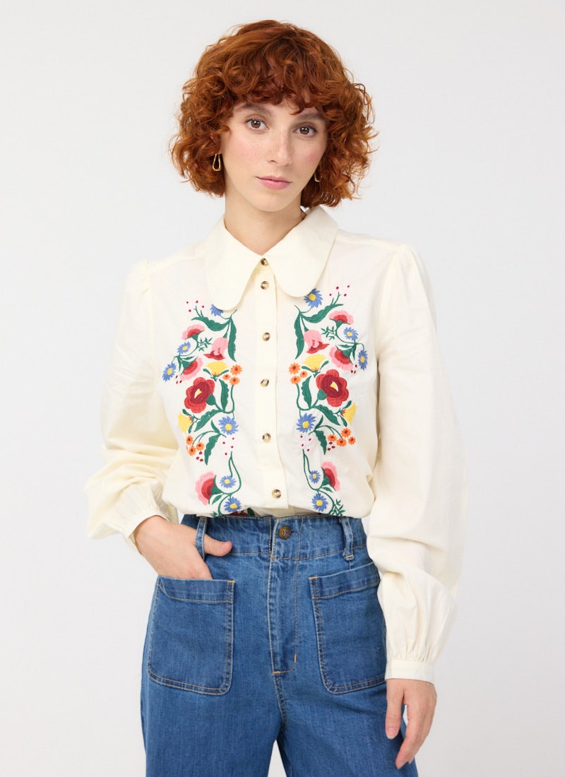 ORGUE Flower embroidery blouse(即納) 70's Embroidered Flower White Cotton Blouse – Classic Rock