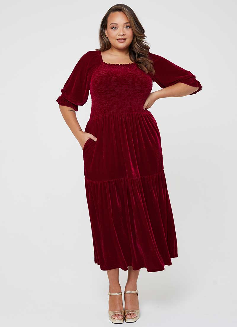 Nevada Square Neck Tiered Velvet Midaxi Dress | Vintage-Inspired