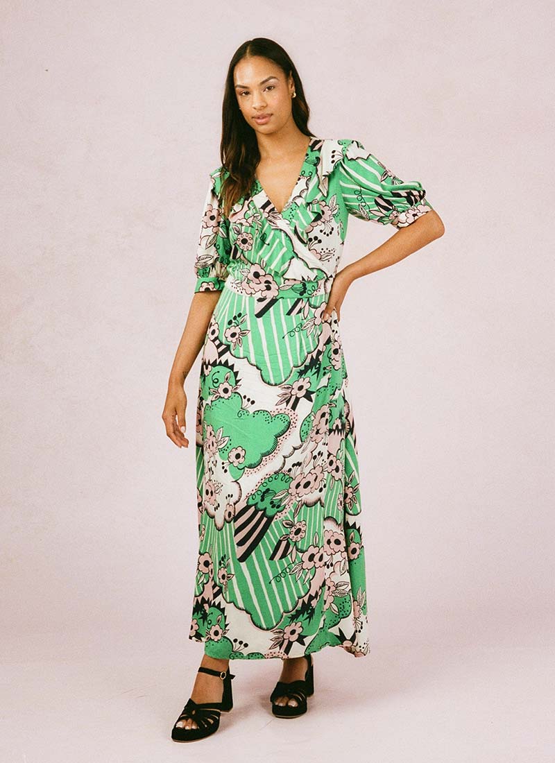 green tea dress uk Green Floral Ruffle Wrap Maxi Dress main image 1