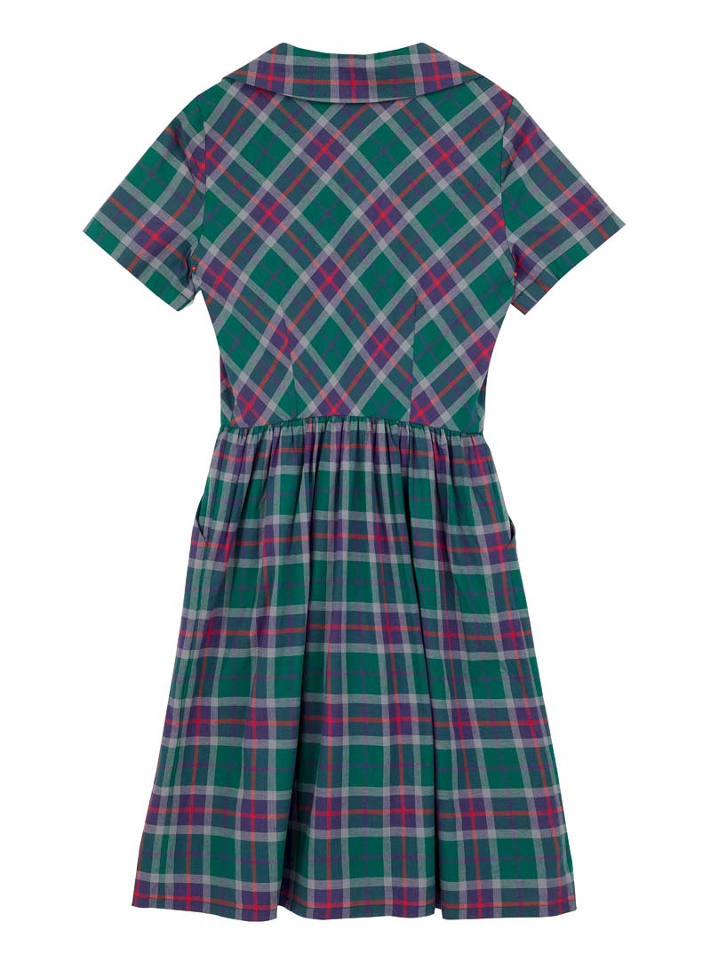 Pepita Check Shirt Dress Vintage-Inspired Green Collared Knee