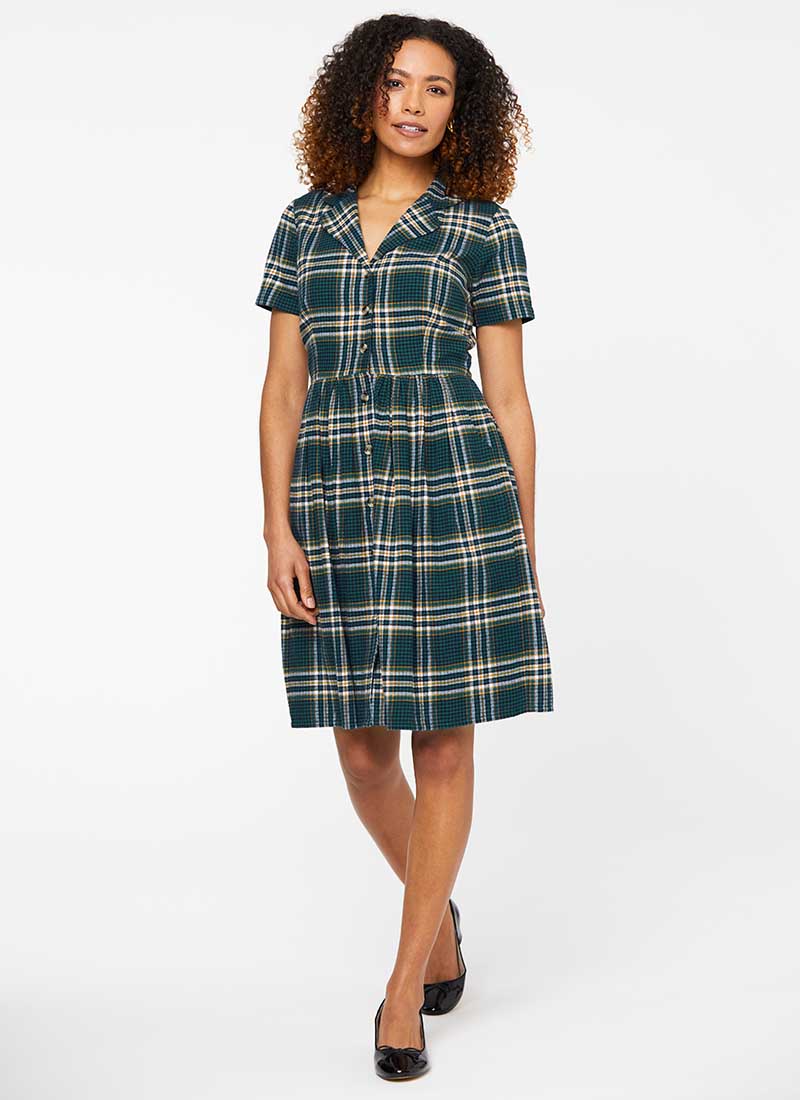 【Ameri VINTAGE】NEEDLE CHECK DRESS Pepper Check Print Shirt Dress | Vintage-Inspired Blue