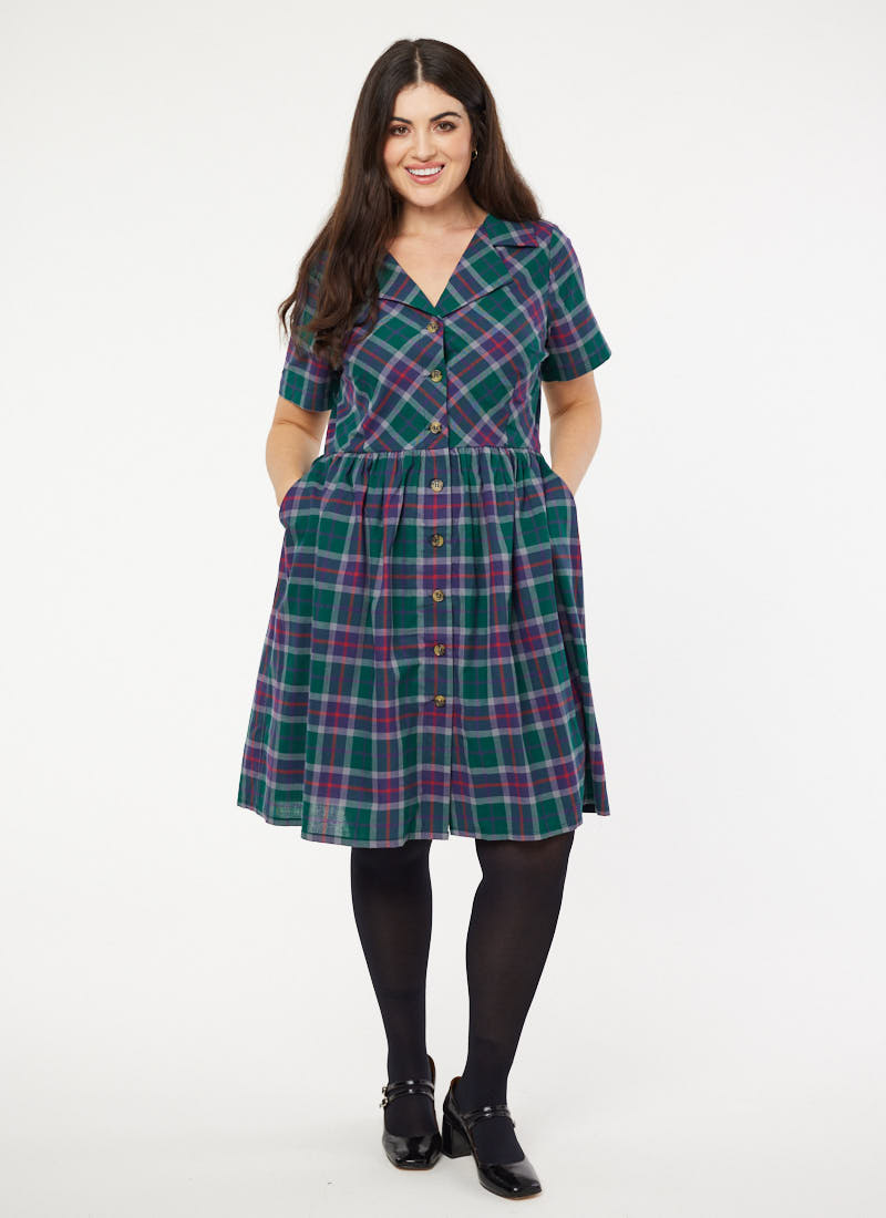 Pepita Check Shirt Dress | Vintage-Inspired Green Collared Knee-Length Dress | Joanie Pepita Check Shirt Dress | Vintage-Inspired Green Collared Knee-Length Dress | Joanie