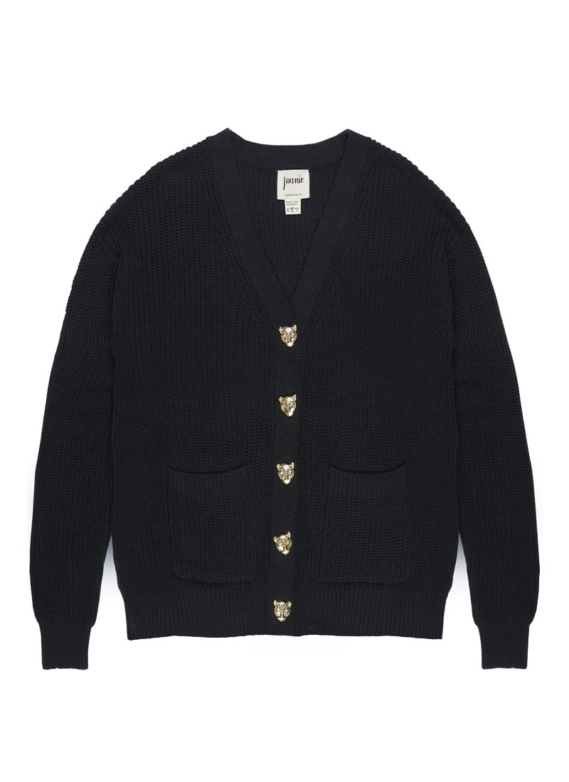 Piper Leopard Head Button Cardigan - Black - Model Front Blue Jeans