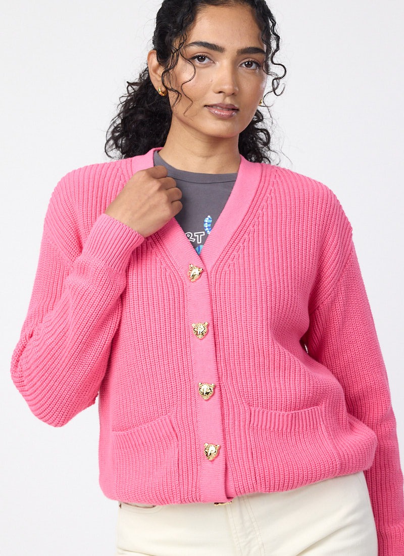 Piper Leopard Button Chunky Knitted Cardigan - Pink - Model Front Cardigan