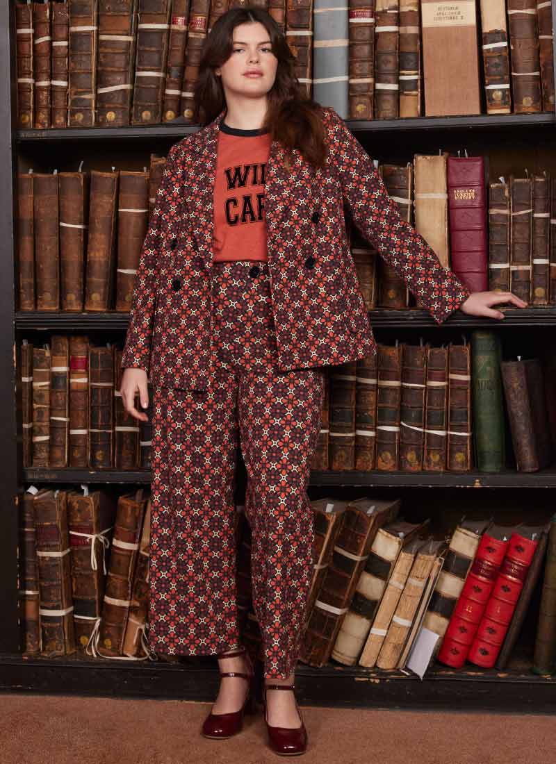 Pippa Geometric Floral Print High Waist Trousers - Richie Geometric Floral Print Soft Tailored Blazer - Model Front 