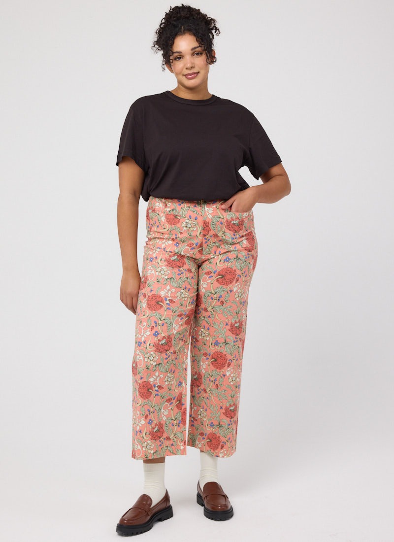 Pippa Vintage Floral Peony Print High Waist Trousers - Model Front