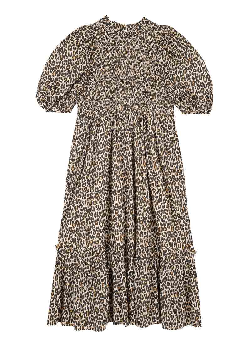 Priya Leopard Print Puff Sleeve Midi Dress | Vintage-Inspired High