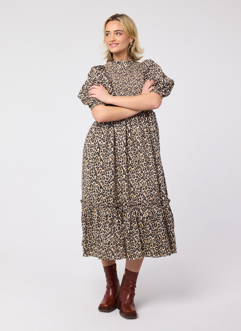 Priya Leopard Print Puff Sleeve Midi Dress | Vintage-Inspired High Neck Occasion Dress | Joanie Priya Leopard Print Puff Sleeve Midi Dress | Vintage-Inspired High Neck Occasion Dress | Joanie