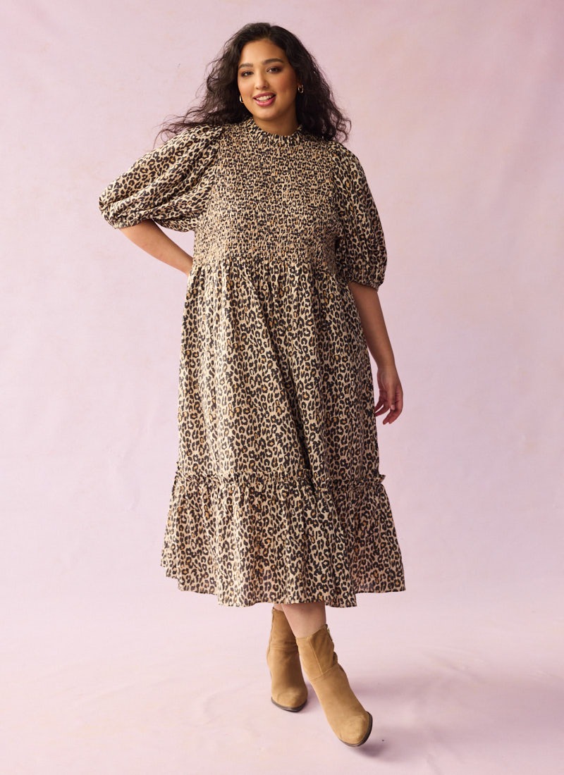 Priya Leopard Print Puff Sleeve Midi Dress Vintage-Inspired High