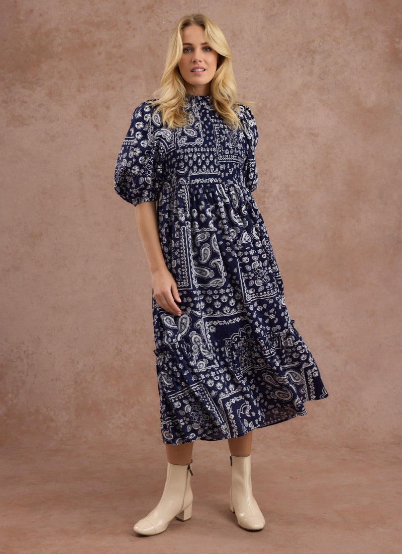 Priya Bandana Print Puff Sleeve Midi Dress