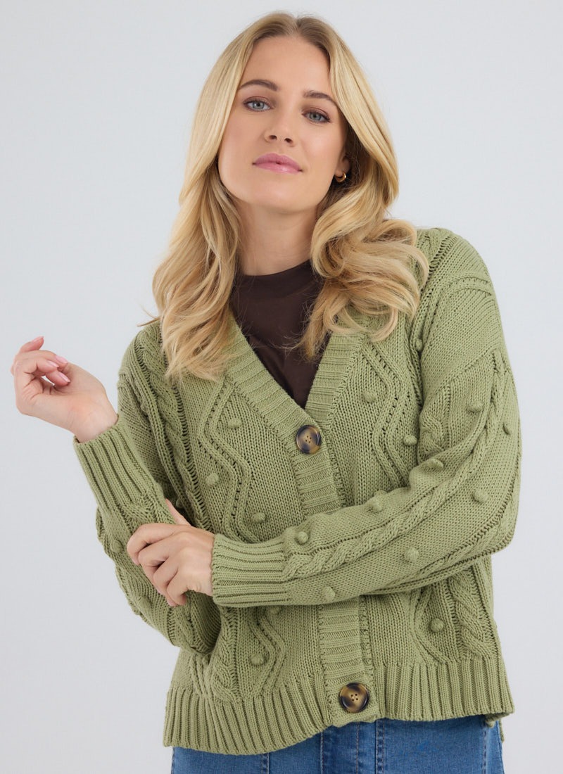 Quincy Cable Stitch Oversized Cardigan - Sage Green - Model Front Close Up