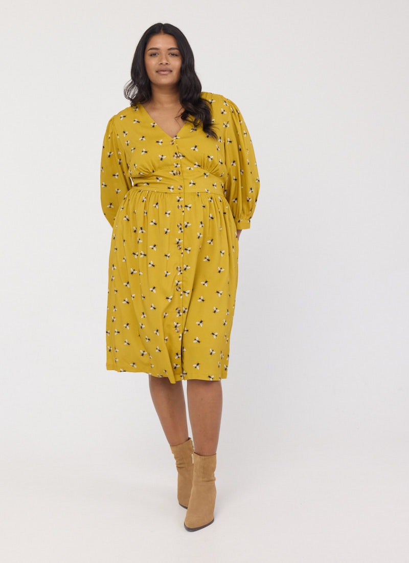 Reba Bee Print Button-Through Dress | Vintage-Inspired V-Neck Midi | Joanie