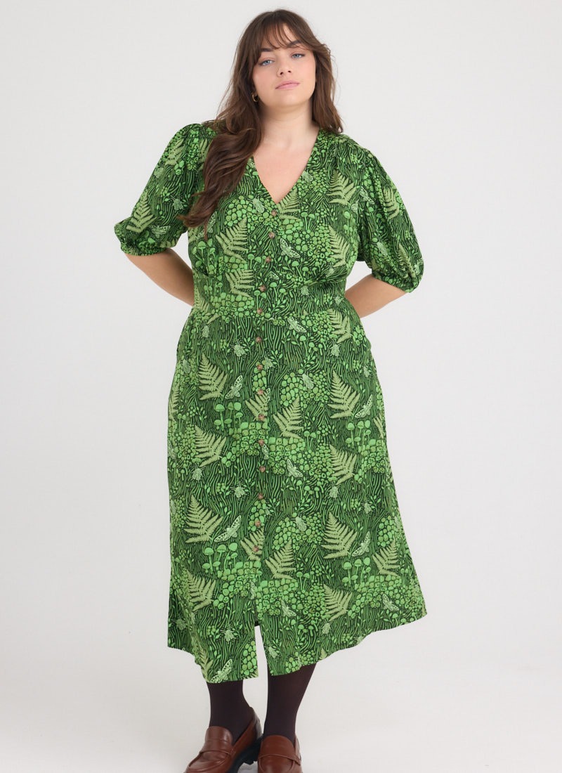 Rebecca Leafy Forest Print Puff Sleeve Midi Dress | Vintage-Inspired V-Neck Shirt Dress | Joanie Rebecca Leafy Forest Print Puff Sleeve Midi Dress | Vintage-Inspired V-Neck Shirt Dress | Joanie