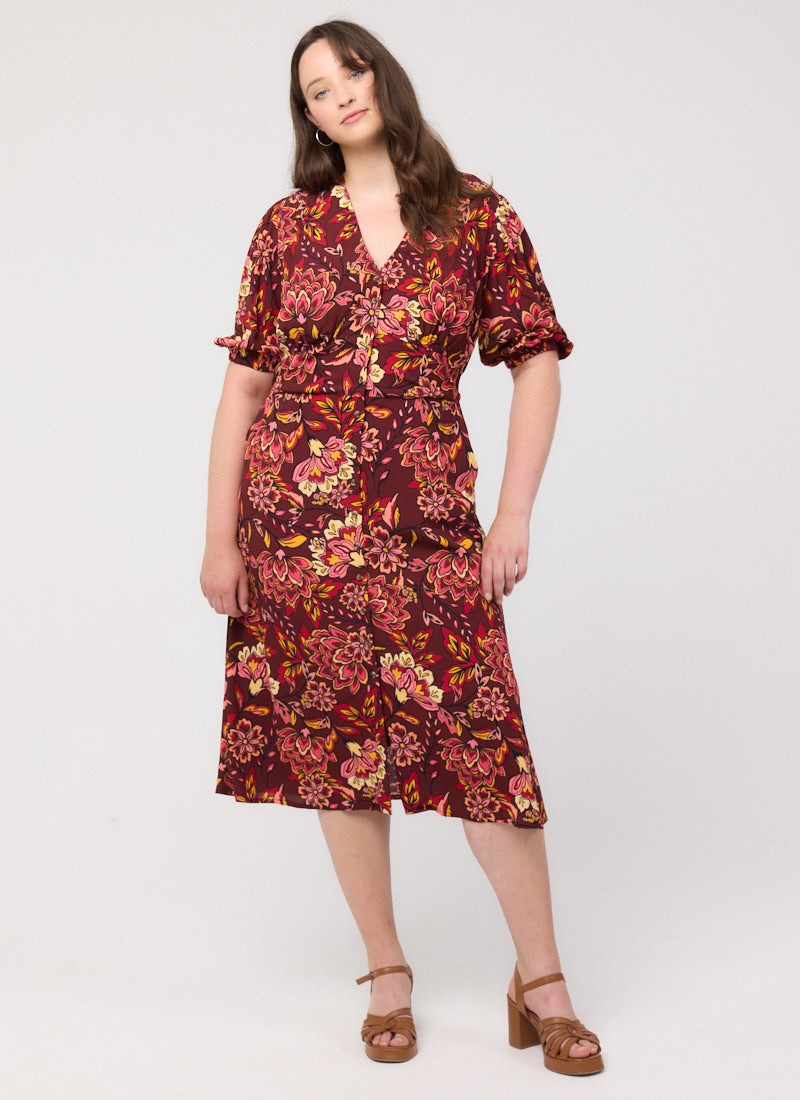 Rebecca Burgundy Floral Print Puff Sleeve Midi Dress