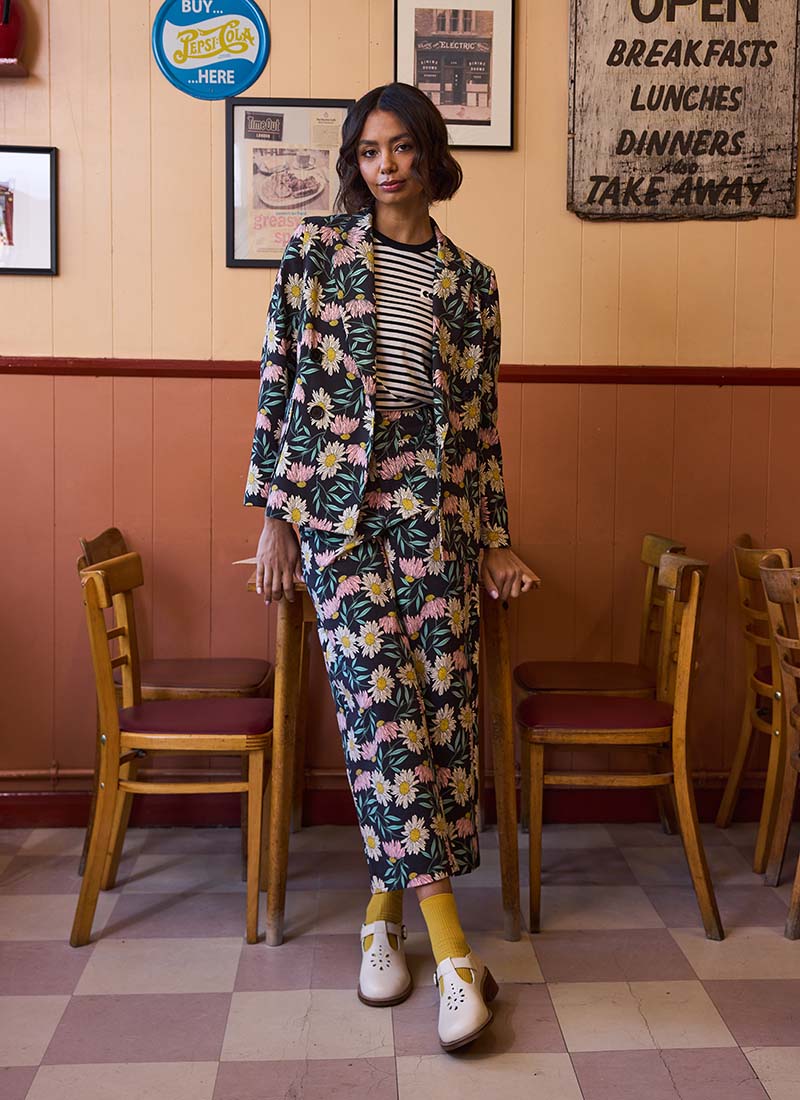 Pippa Daisy Print High Waist Trousers - Stevie Grow Your Own Way Slogan Tee - Model Front