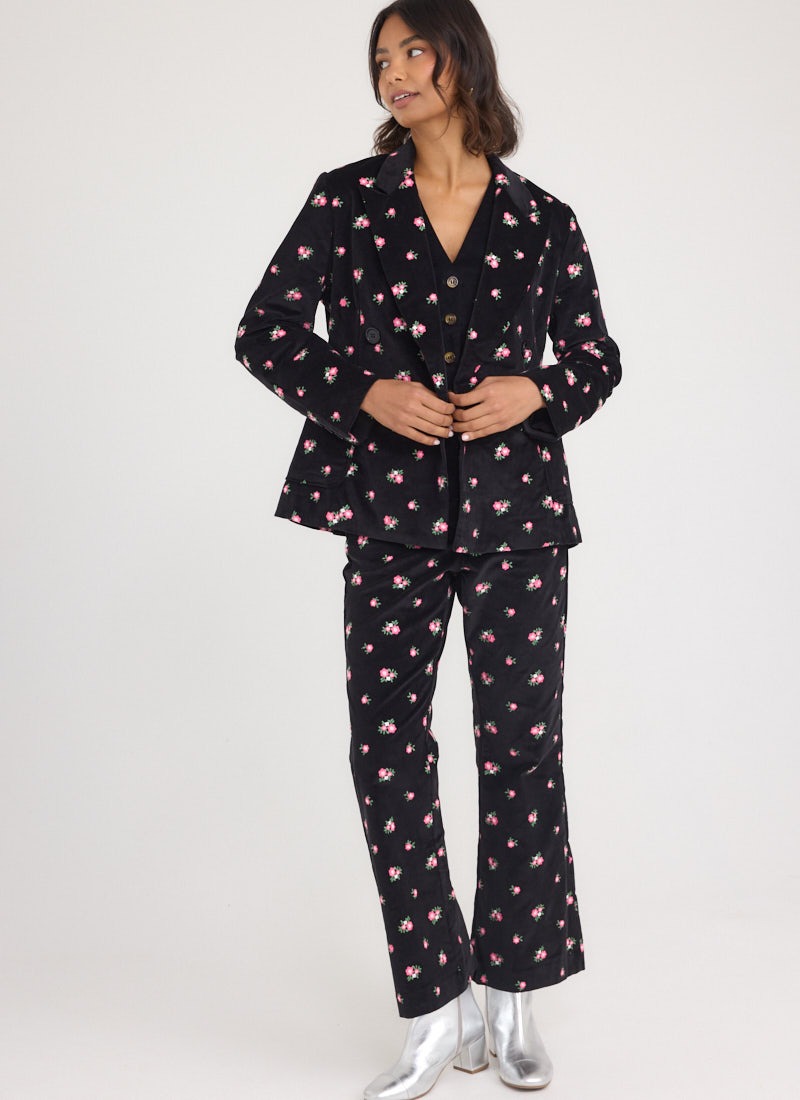 Richmond Floral Embroidered Flared Corduroy Trousers - Model Front Full Length