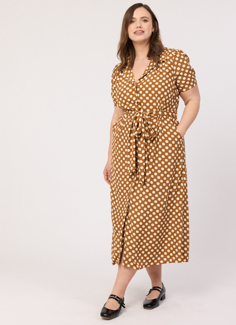 Roberta Polka Dot Print Midaxi Tea Dress | Vintage-Inspired Brown Tea Dress 