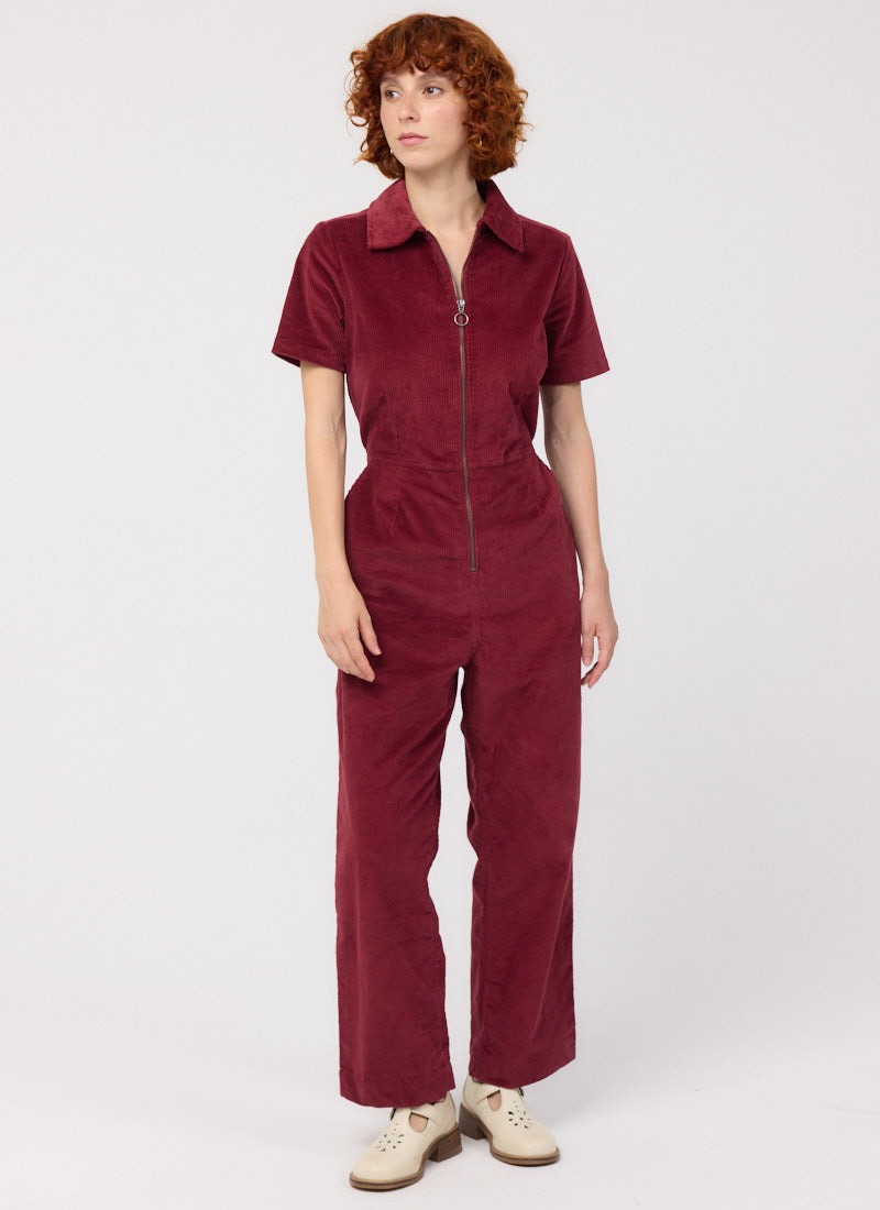 Robin Short Sleeve Corduroy Boilersuit Vintage-Inspired Burgundy