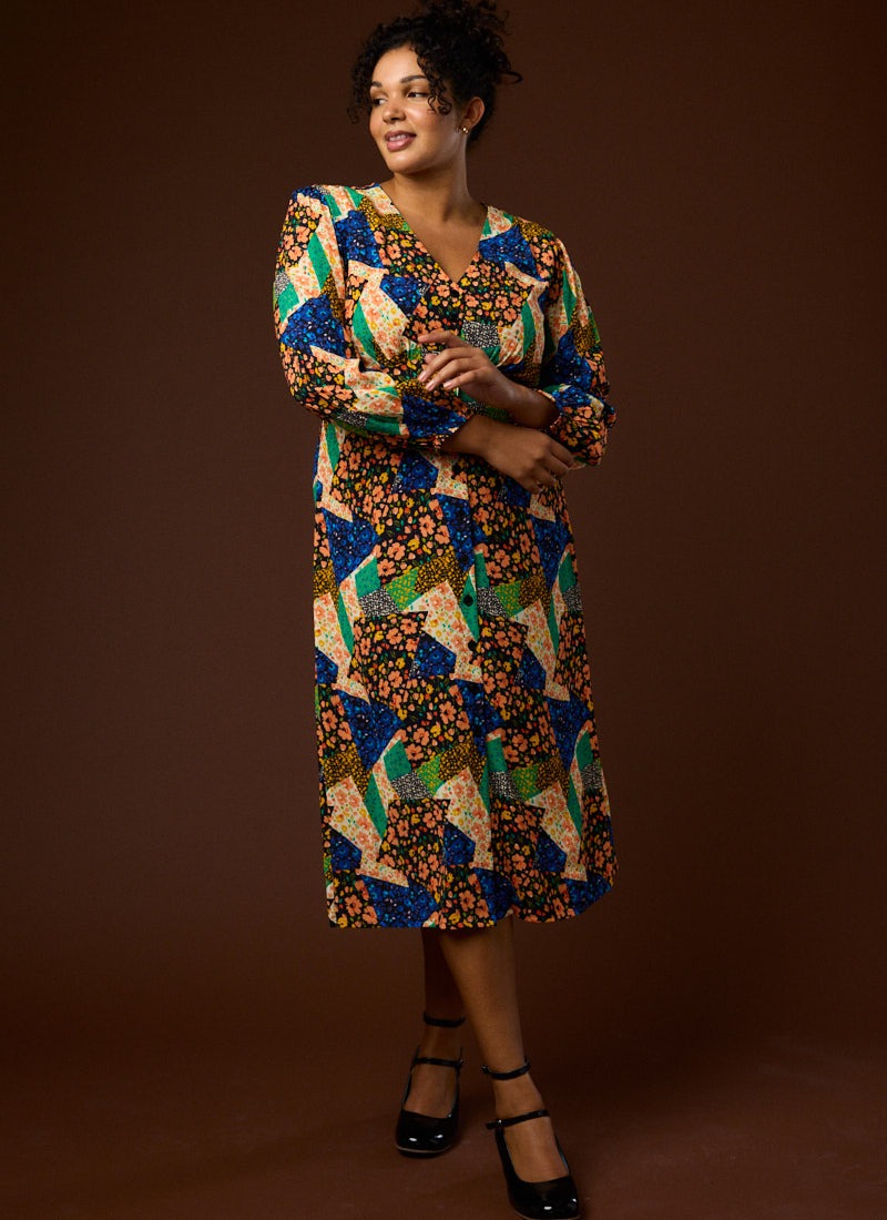 Sandra Patchwork Floral Print Long Sleeve Midi Dress