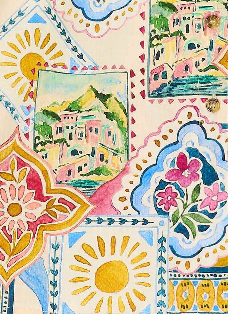 Santorini Postcard Print Belted Midi Dress