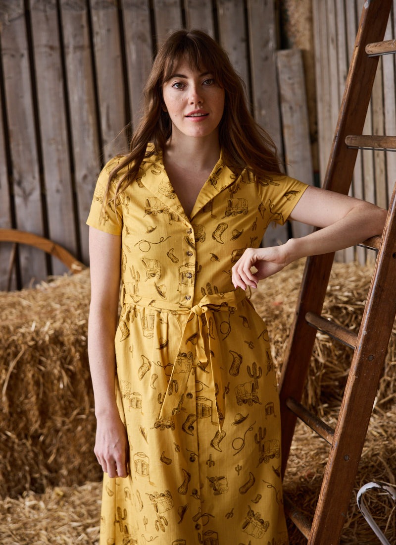 Santorini Western Rodeo Print Belted Midi Dress | Vintage-Inspired Butter Yellow Cowgirl Dress | Joanie Santorini Western Rodeo Print Belted Midi Dress | Vintage-Inspired Butter Yellow Cowgirl Dress | Joanie