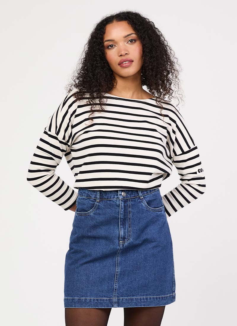 Mandy Mid Wash Denim A-Line Mini Skirt - Model Front Size 10 With Marsha Blouse