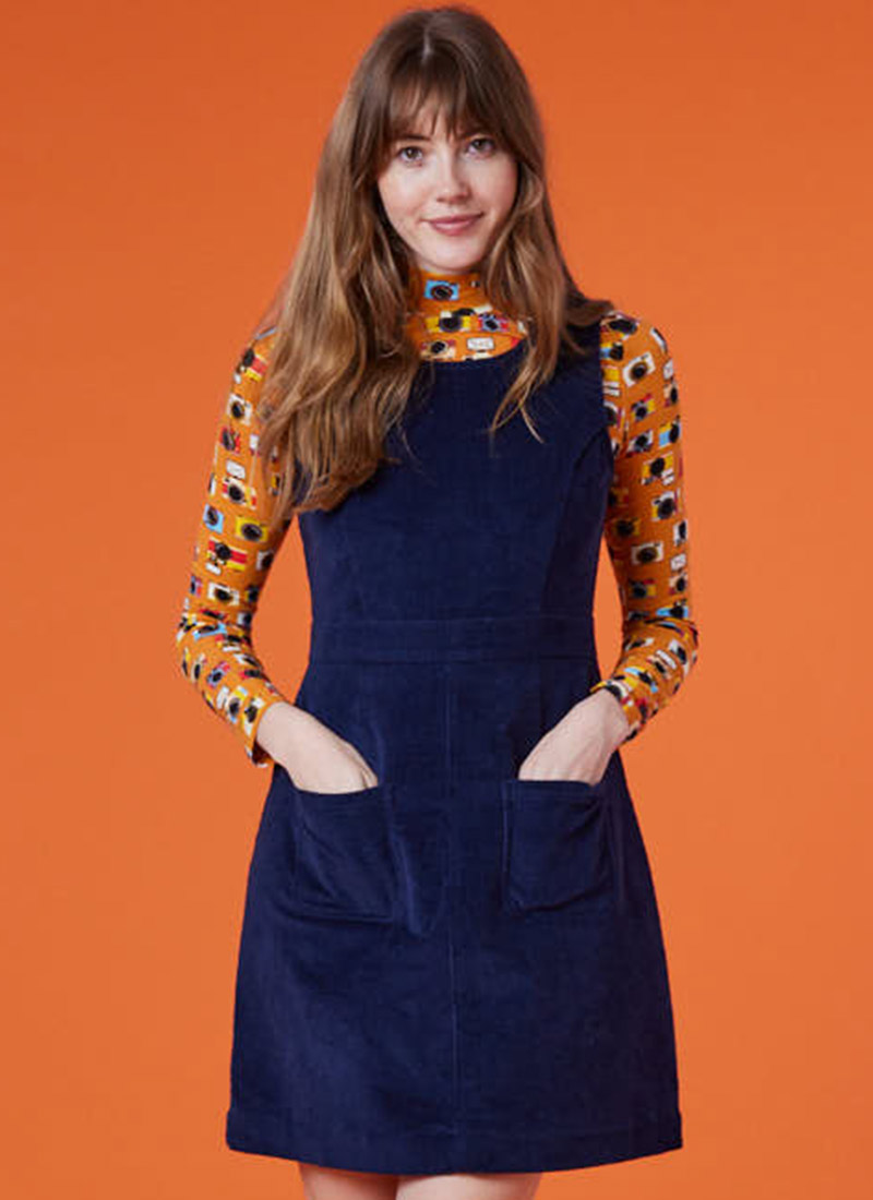 Daphne Corduroy Patch Pocket Pinafore - Navy