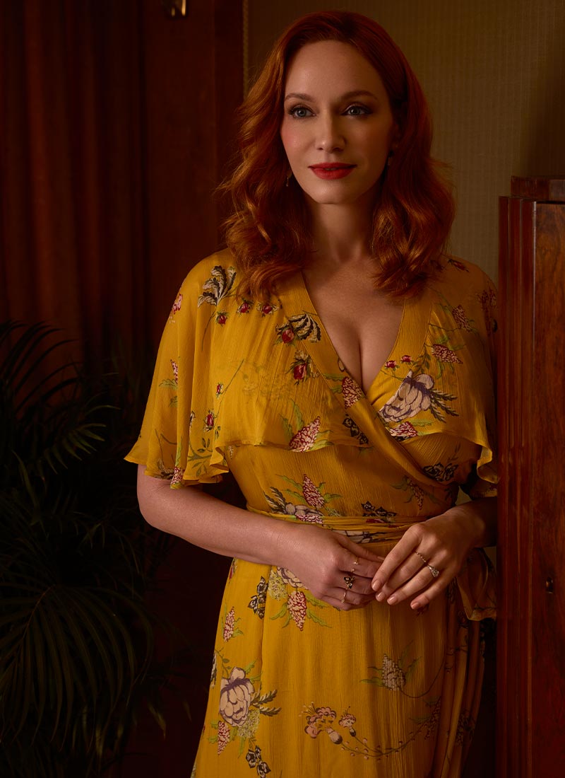 Christina Hendricks X Joanie - Honeysuckle Gold Floral Cape Sleeve Wrap  Dress | Vintage-Inspired Mustard Maxi Dress | Joanie