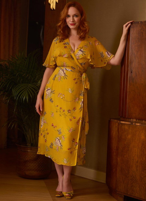Christina Hendricks X Joanie - Honeysuckle Gold Floral Cape Sleeve Wrap Dress