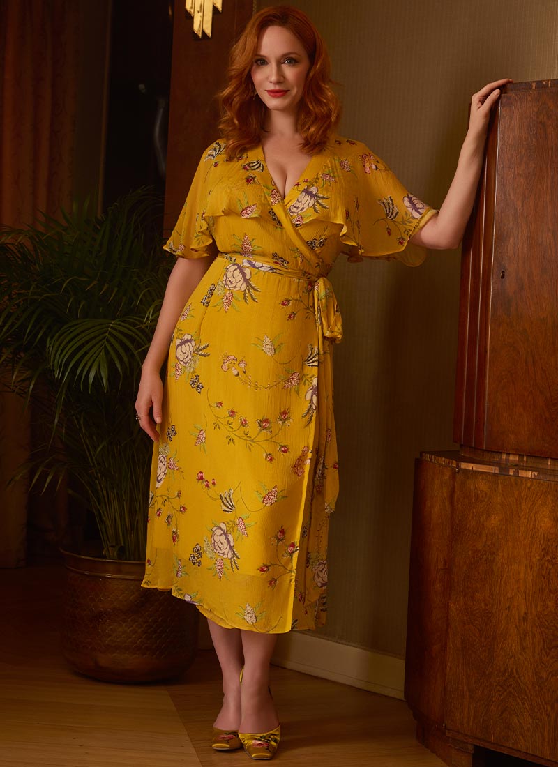 Christina Hendricks X Joanie - Honeysuckle Gold Floral Cape Sleeve Wrap Dress | Vintage-Inspired Mustard Maxi Dress | Joanie Christina Hendricks X Joanie - Honeysuckle Gold Floral Cape Sleeve Wrap Dress | Vintage-Inspired Mustard Maxi Dress | Joanie
