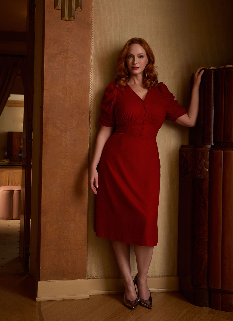 Christina Hendricks X Joanie - Neroli Puff Sleeve Velvet Dress - Scarlett Red - Christina Front