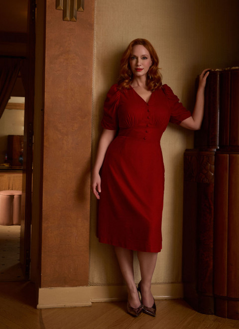 Christina Hendricks X Joanie - Neroli Puff Sleeve Velvet Dress - Scarlett Red - Christina Front