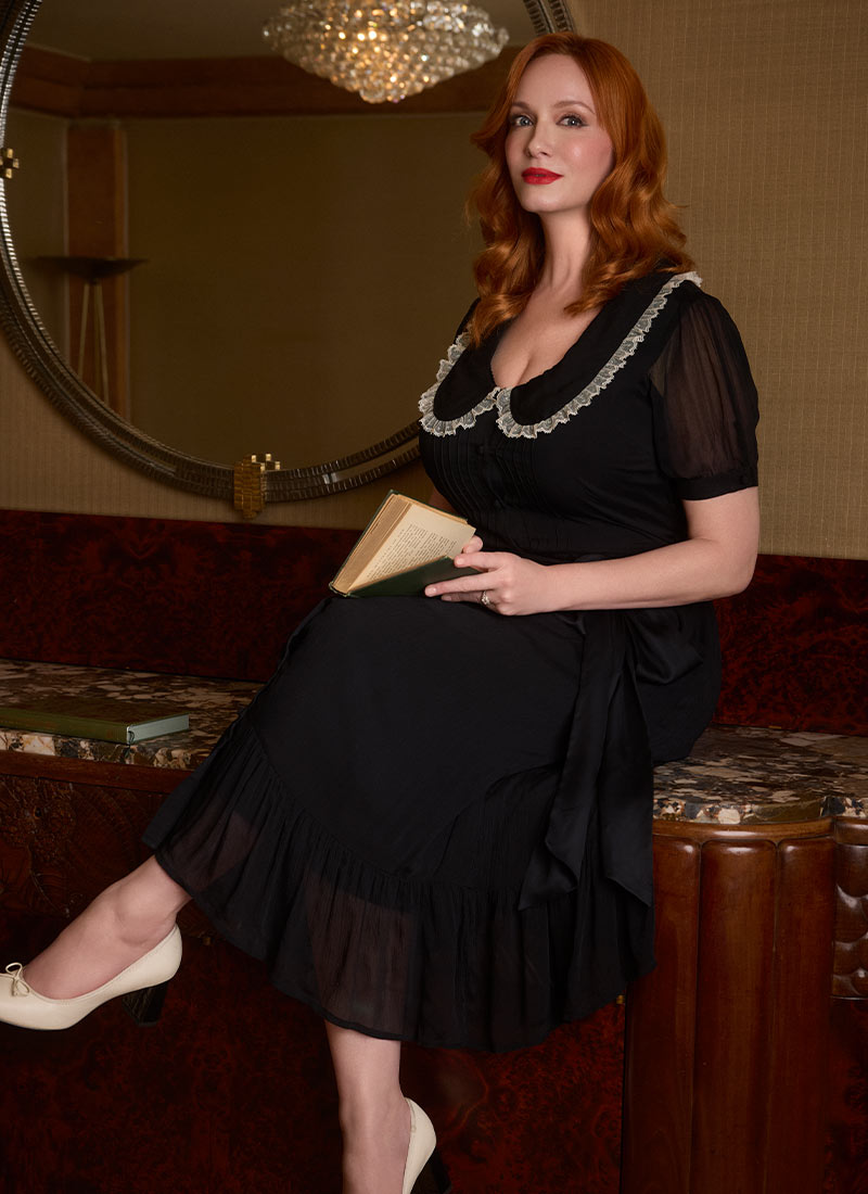 Christina Hendricks X Joanie - Peony Black Chiffon Peter Pan Collar Midi Dress - Christina Sat