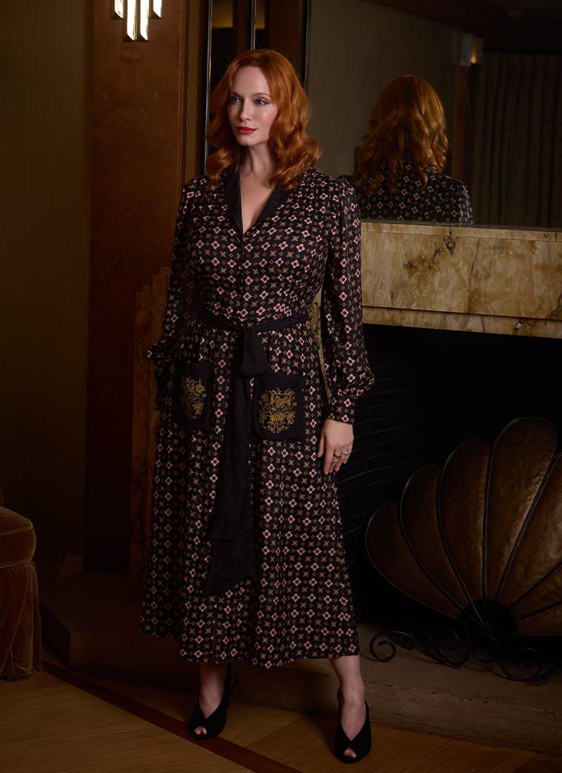 Christina Hendricks X Joanie - Vetiver Foulard Print Smoking Jacket Midi Dress - Model Front Full Length
