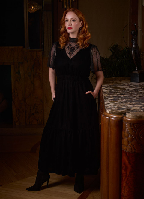 Christina Hendricks X Joanie - Immortal Flower High Neck Velvet Maxi Dress - Christina Front Hands In Pockets