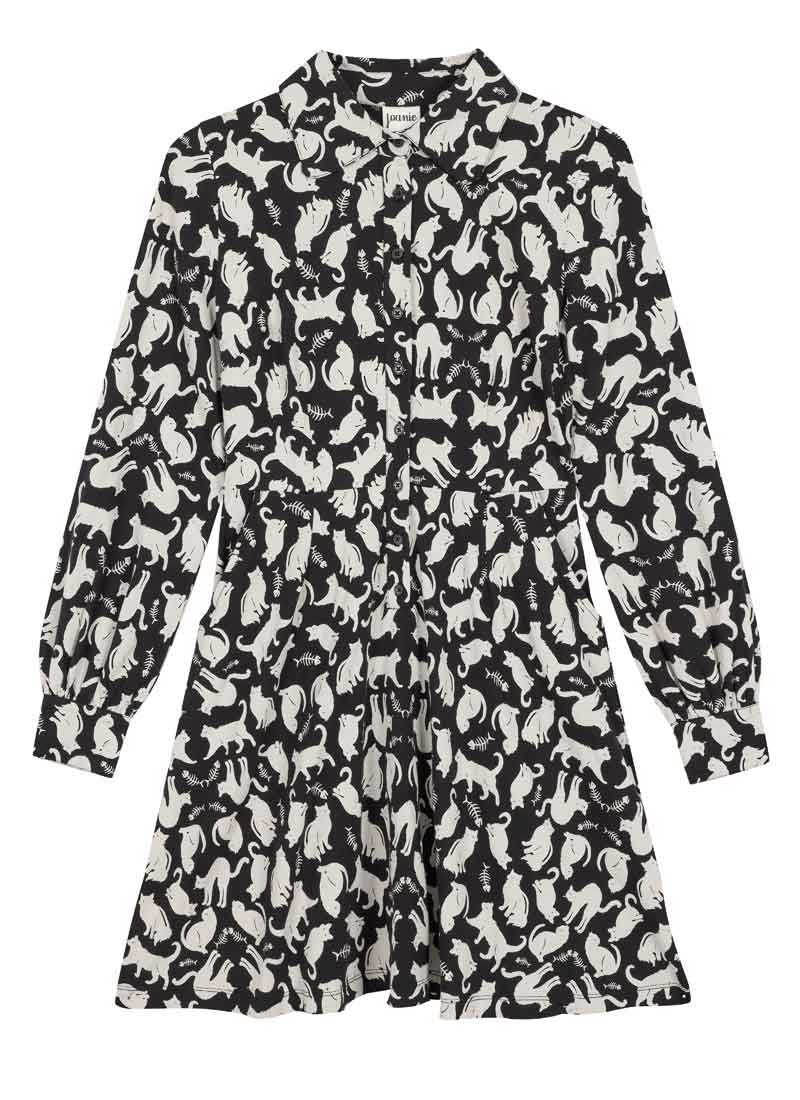 Spencer Cat Print Jersey Shirt Dress | Vintage-Inspired