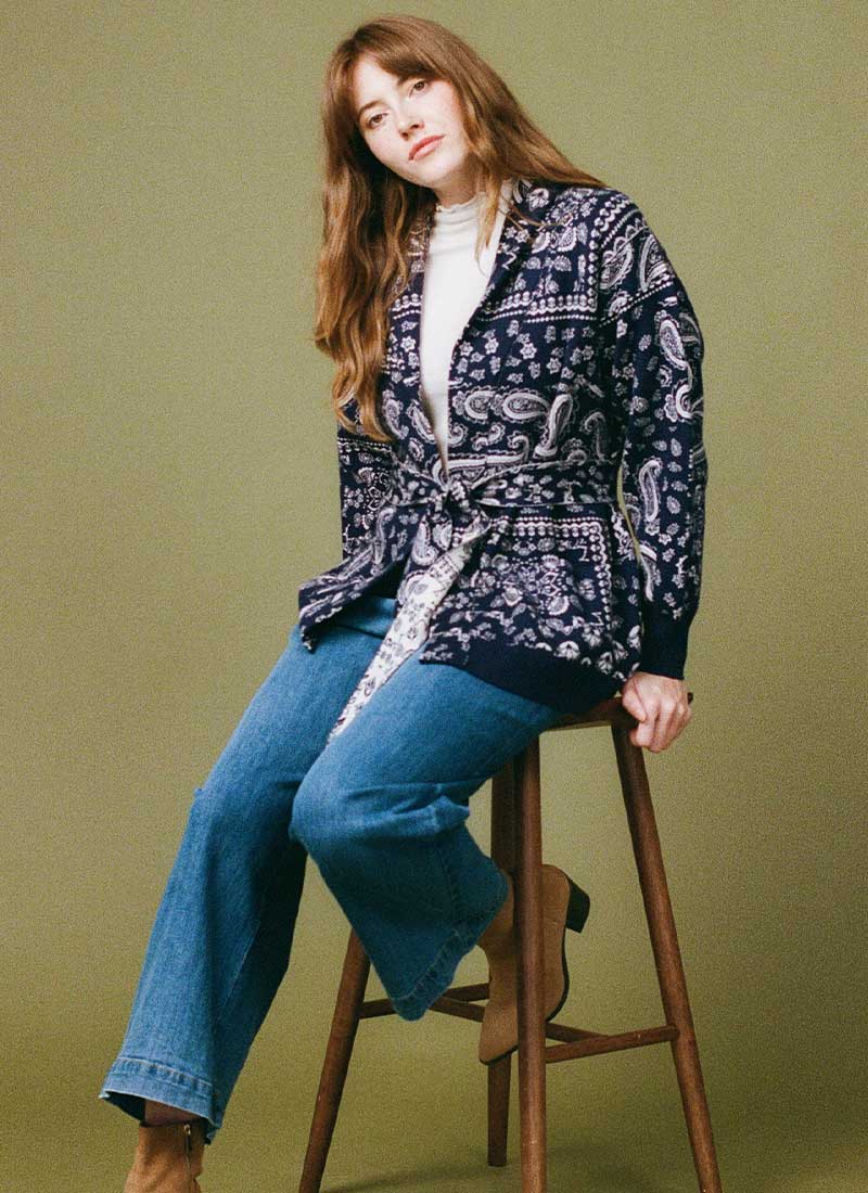 Starsky Bandanna Intarsia Belted Grandad Cardigan - Model Front