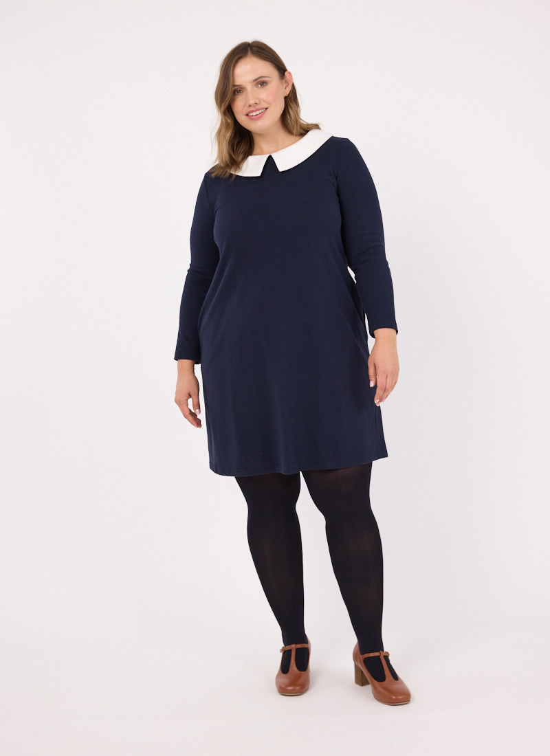 Suzy Contrast Collar Jersey Swing Dress | '60s-Inspired Navy Mini Dress |  Joanie