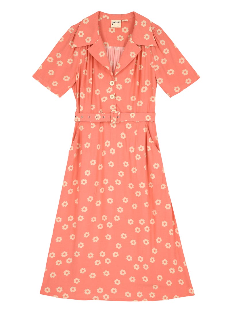 Tally Floral Print Midi Tea Dress Vintage Inspired Coral Floral Midi Joanie