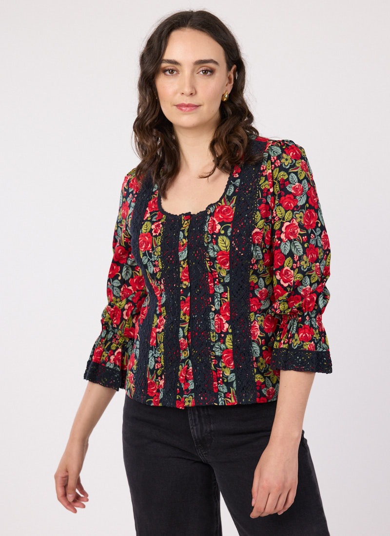 Teagan Antique Rose Print Crochet Trim Blouse | Vintage-Inspired