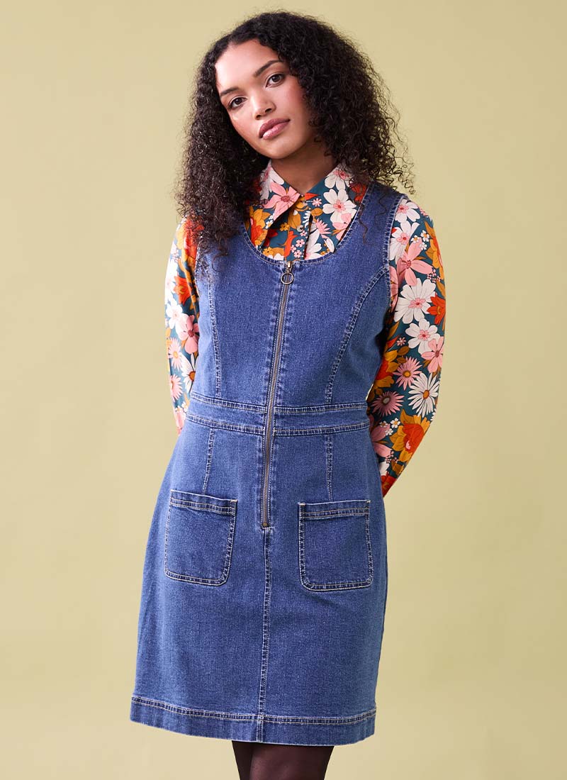 Mindy Mid Wash Denim Pinafore Dress | Vintage-Inspired A