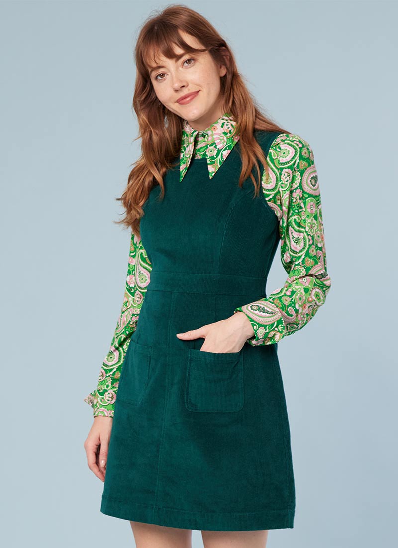 Daphne Corduroy Patch Pocket Pinafore - Green