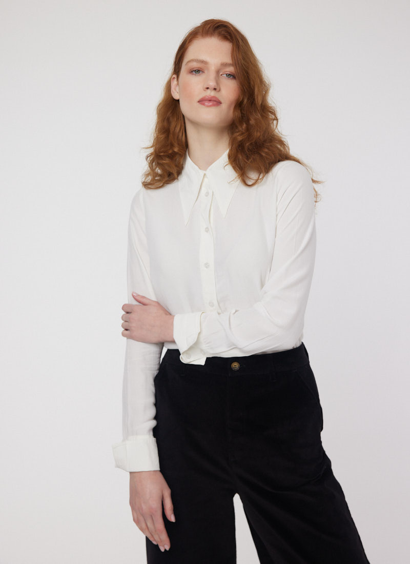 Velma Dagger Collar Blouse - Cream - Model Front 