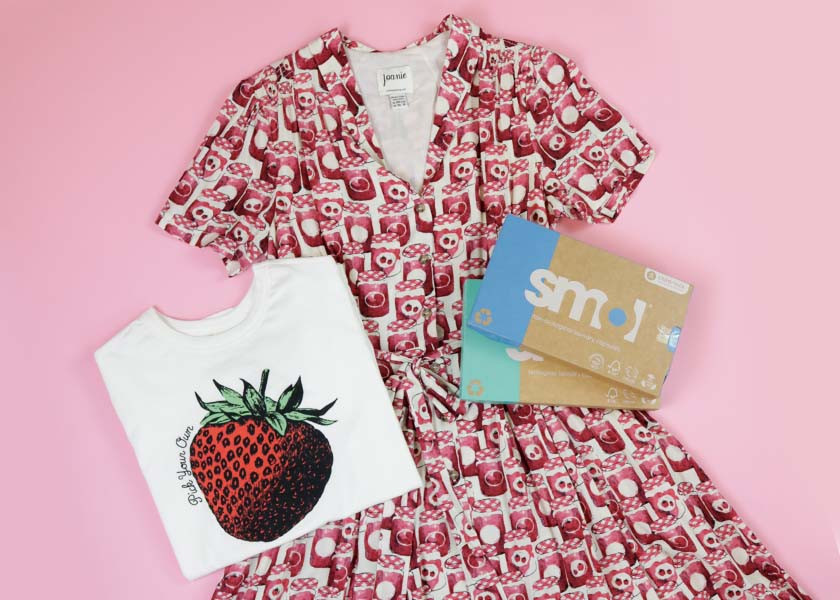 Joanie Clothing Barbara Jam Print Dress, Strawberry Tee and Smol Products