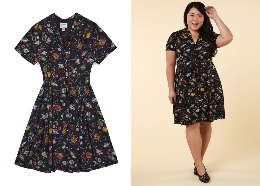 Joanie Clothing Barbara Ann Space Print Dress in Sustainable fabric