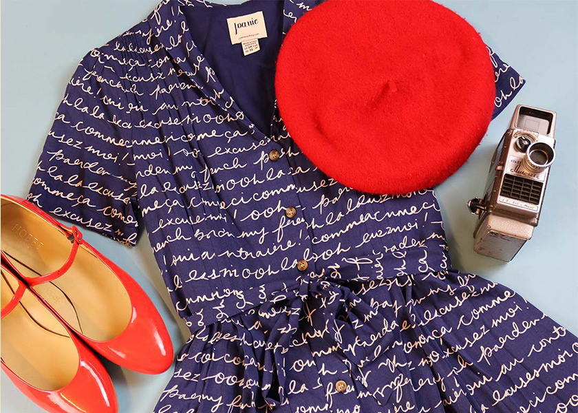 Barb EcoVero™ Franglais Print Tea Dress with red beret