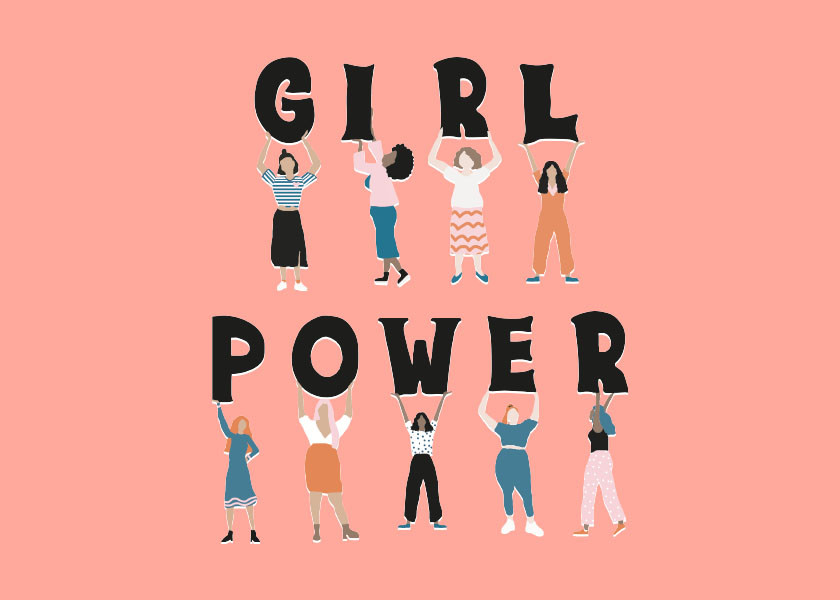 Illustration of multiple women holding up letters to spell out Girl Power